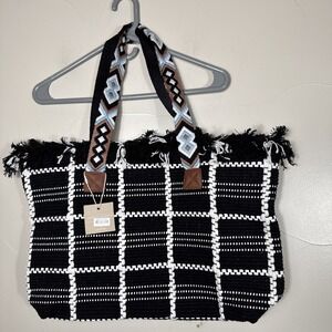 New With Tag Styline Cotton‎ Tote 20" X 13" X 4" Aztec Embroidered Straps Fringe